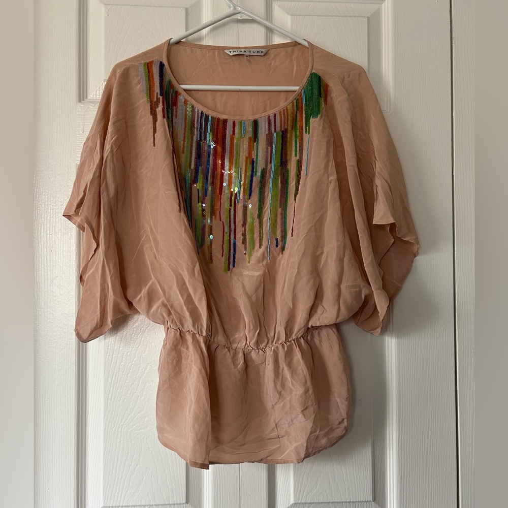 Trina Turk blush pink multicolor sequined blouse